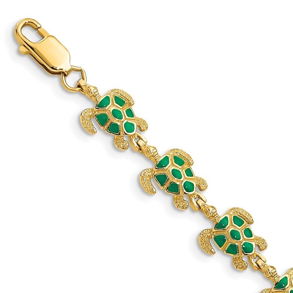 14k Yellow Gold w/ Green Enamel Sea Turtle Bracelet